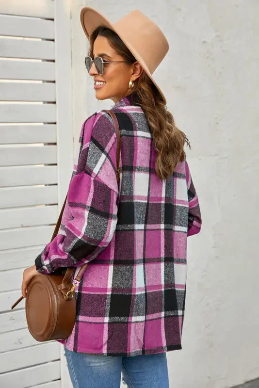 Red plaid buttoned shirt jacket - shackets