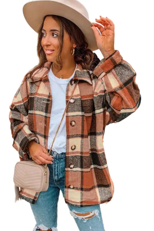 Red plaid buttoned shirt jacket - shackets