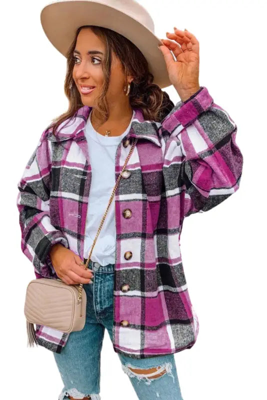 Red plaid buttoned shirt jacket - shackets