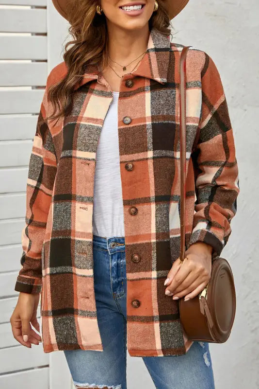 Red plaid buttoned shirt jacket - shackets