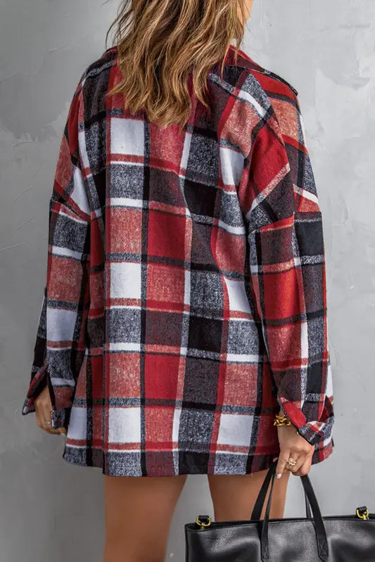 Red plaid buttoned shirt jacket - shackets