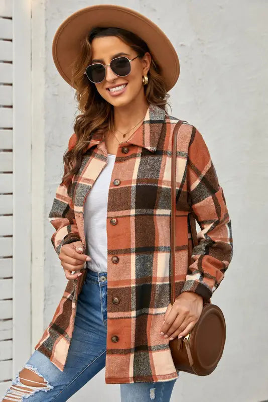 Red plaid buttoned shirt jacket - shackets