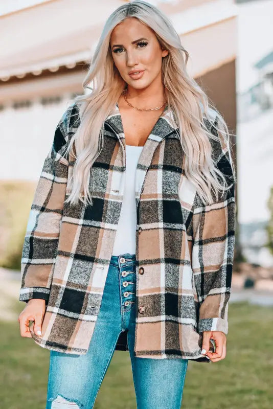 Red plaid buttoned shirt jacket - shackets