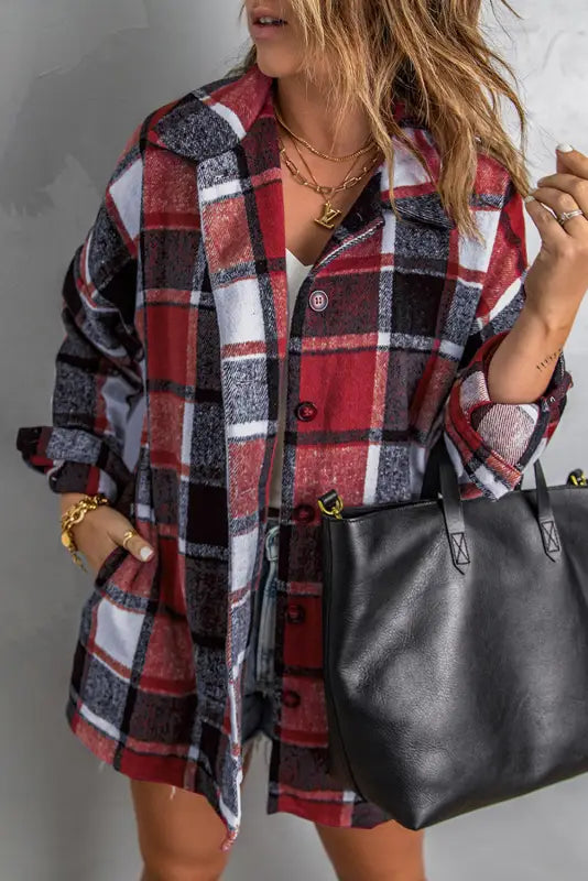 Red plaid buttoned shirt jacket - shackets