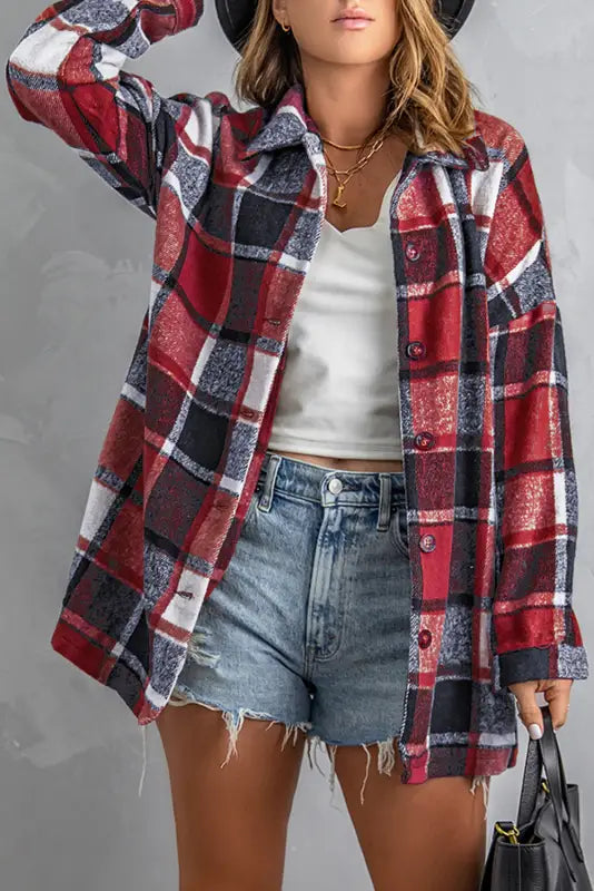 Red plaid buttoned shirt jacket - s / 100% polyester - shackets