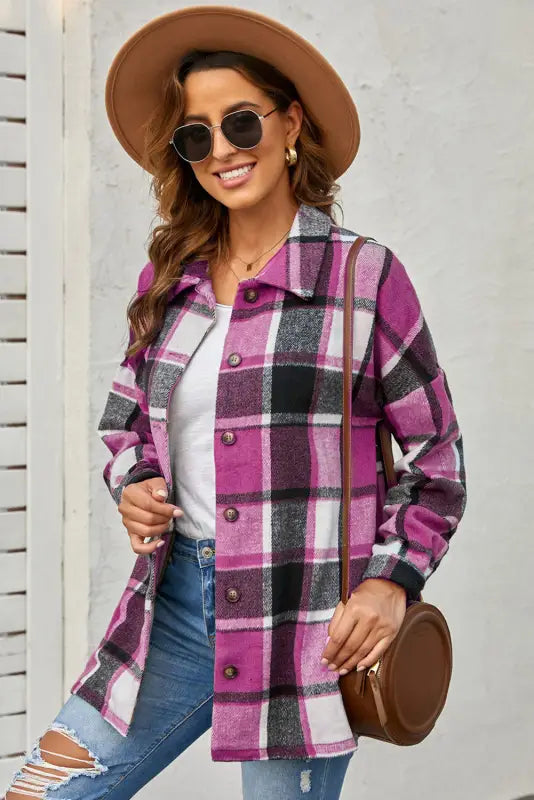 Red plaid buttoned shirt jacket - shackets