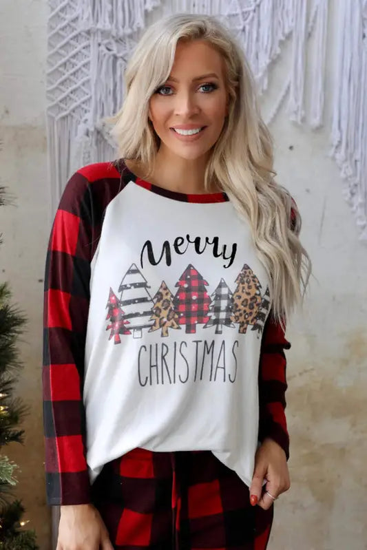 Red plaid merry christmas graphic loungewear set