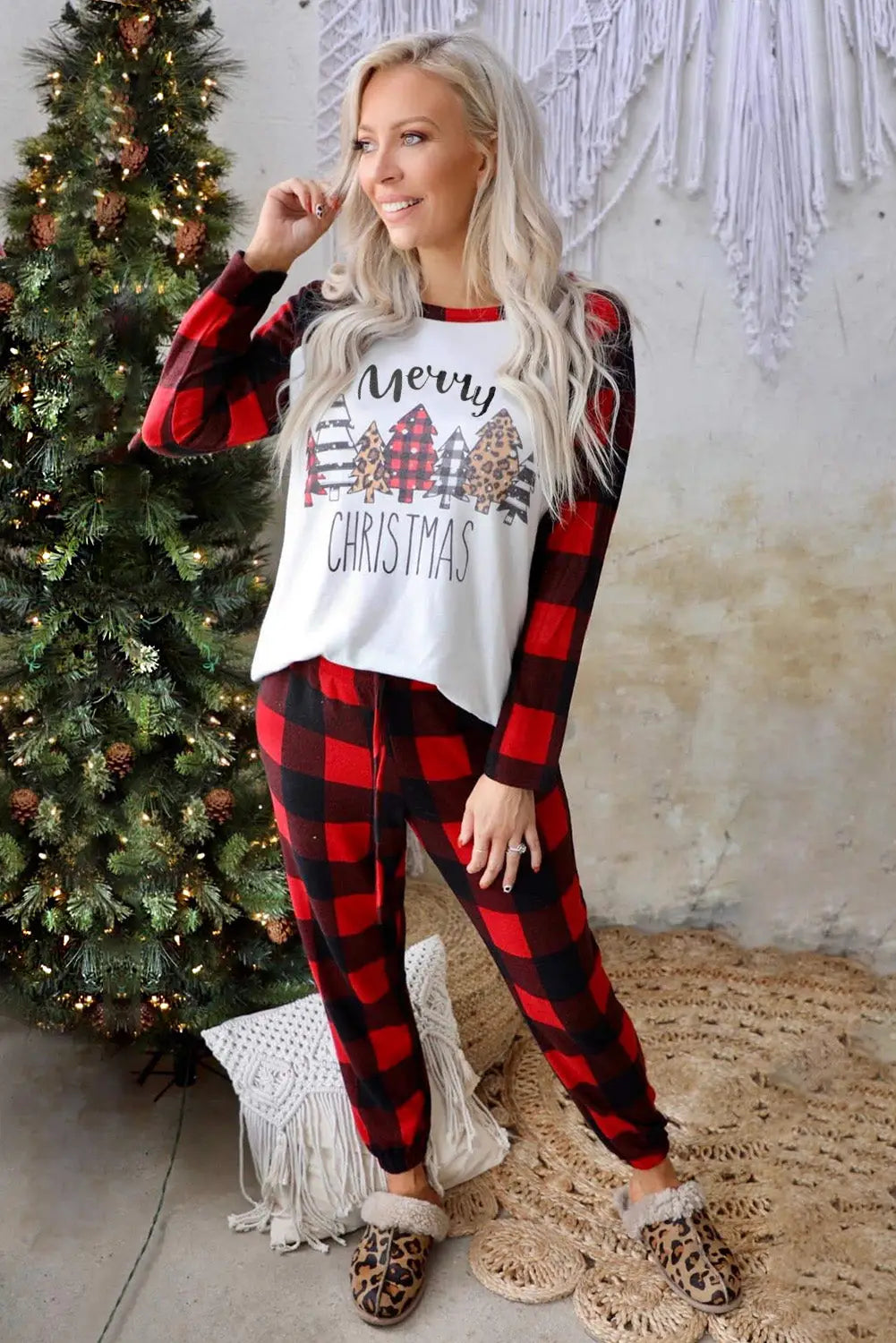 Red plaid merry christmas graphic loungewear set