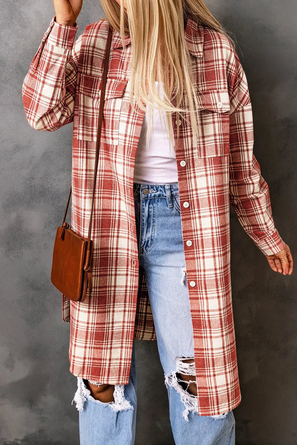 Red plaid print button long shacket - outerwear