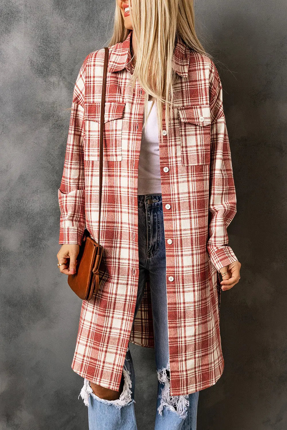 Red plaid print button long shacket - s / 65% polyester + 35% cotton - outerwear
