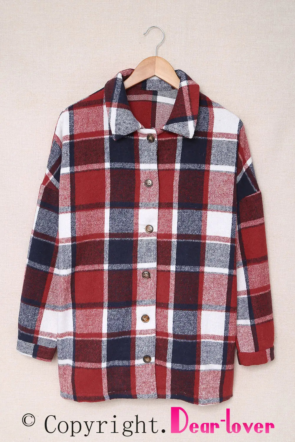 Red plaid print buttoned shirt jacket - shackets