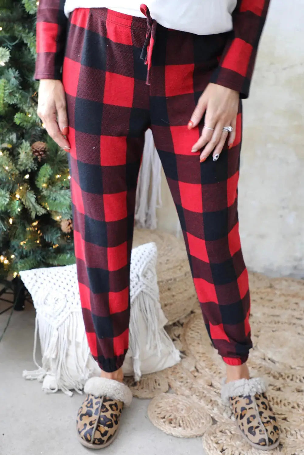 Red plaid raglan sleeves top and drawstring pants lounge set - loungewear