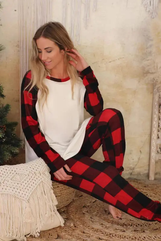 Red plaid raglan sleeves top and drawstring pants lounge set - loungewear