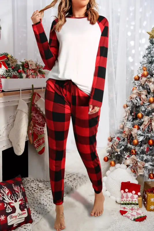 Red plaid raglan sleeves top and drawstring pants lounge set - s / 95% polyester + 5% elastane - loungewear