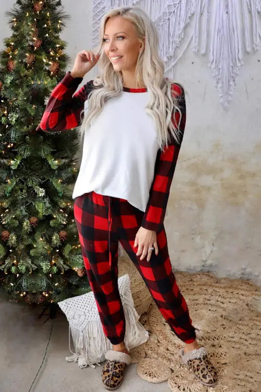 Red plaid raglan sleeves top and drawstring pants lounge set - loungewear