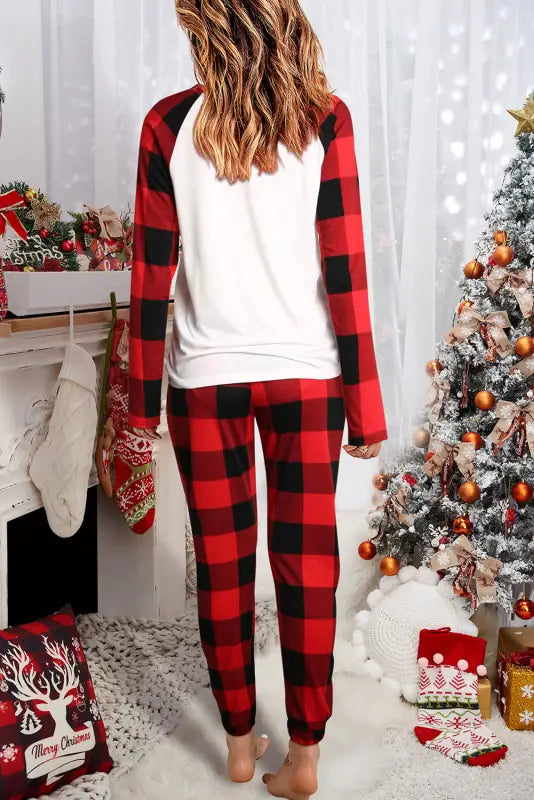 Red plaid raglan sleeves top and drawstring pants lounge set - loungewear