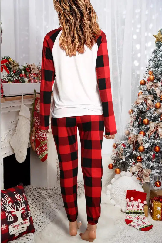 Red plaid raglan sleeves top and drawstring pants lounge set - loungewear