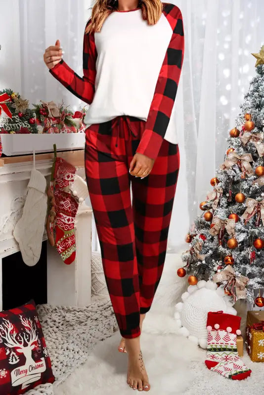 Red plaid raglan sleeves top and drawstring pants lounge set - loungewear