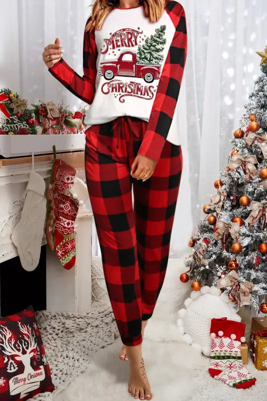 Red plaid raglan sleeves top and drawstring pants lounge set - loungewear