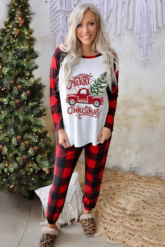 Red plaid raglan sleeves top and drawstring pants lounge set - loungewear