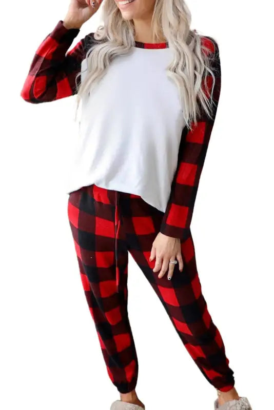 Red plaid raglan sleeves top and drawstring pants lounge set - loungewear