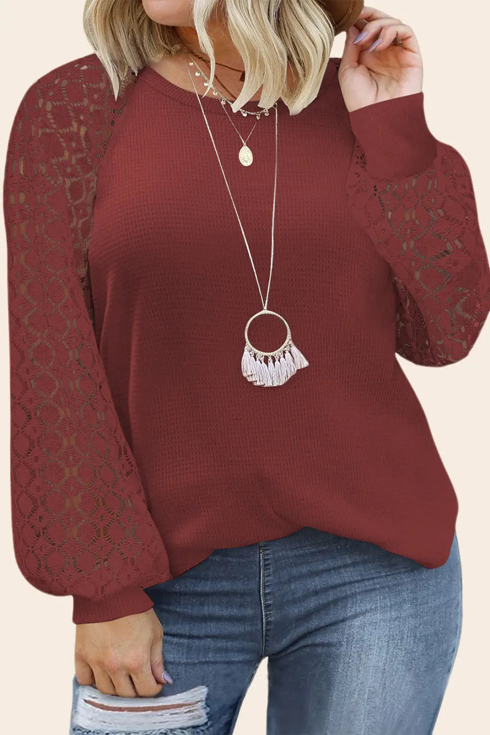 Red plus size contrast lace sleeve waffle knit top - 1x / 95% polyester + 5% elastane