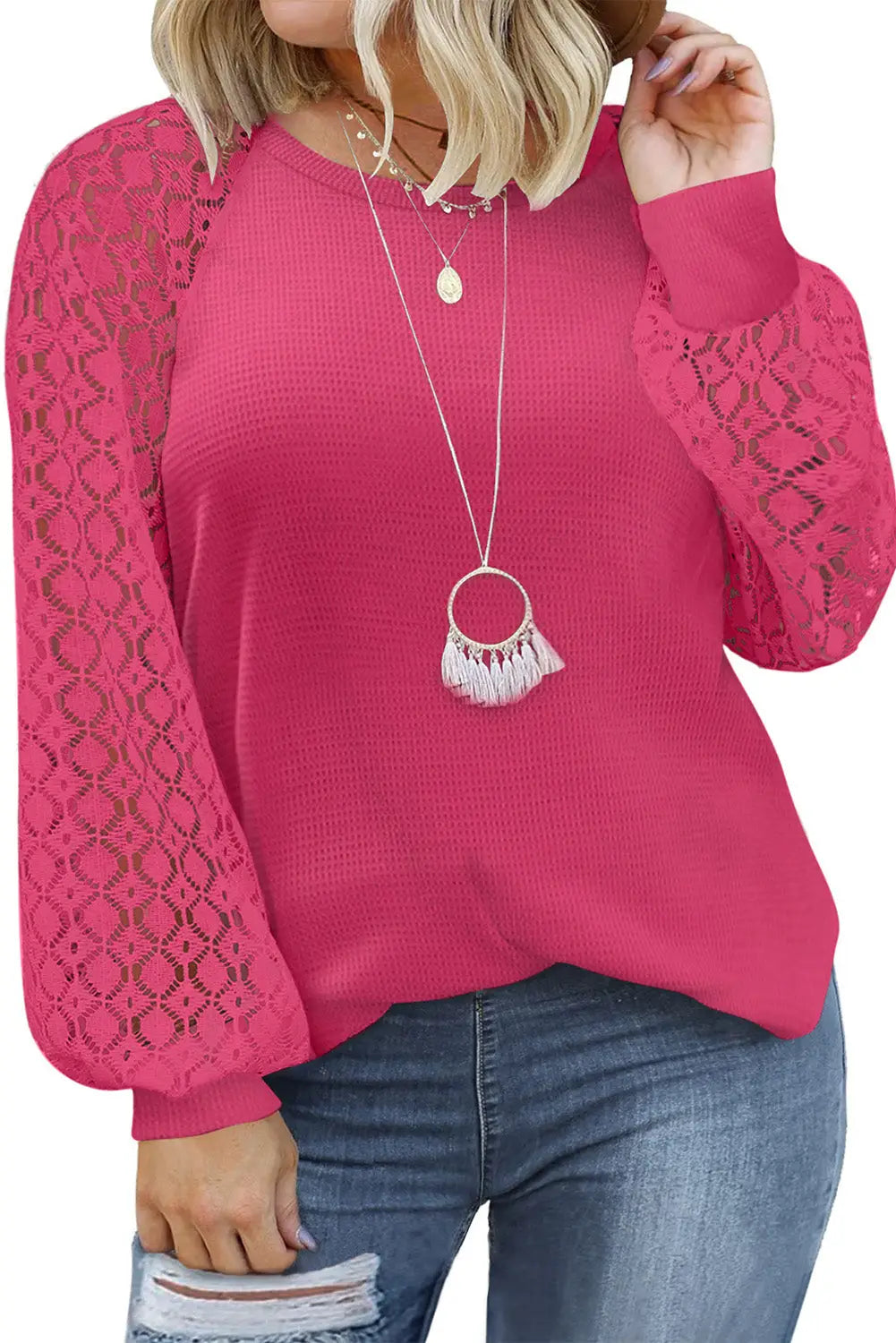 Red plus size contrast lace sleeve waffle knit top