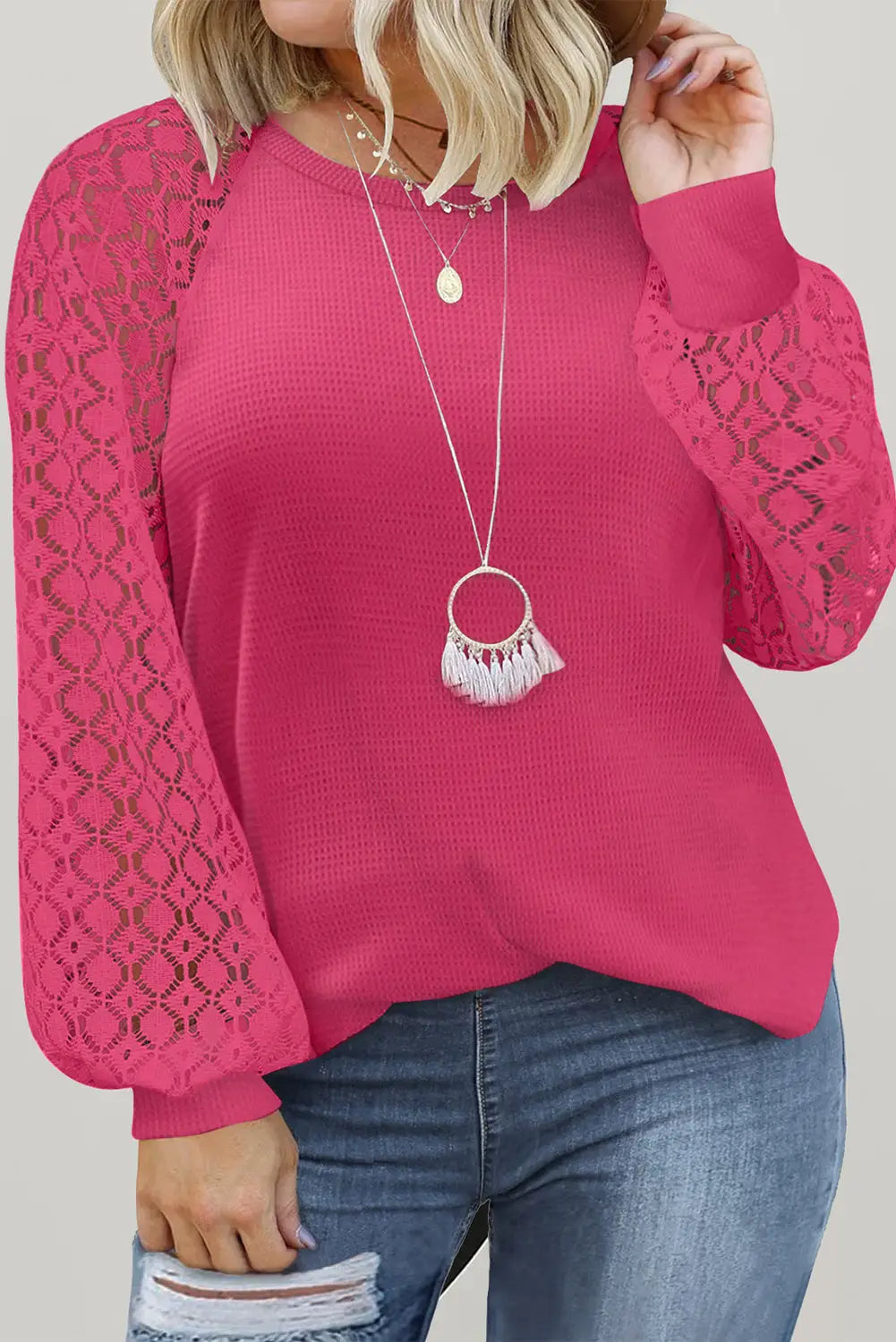 Red plus size contrast lace sleeve waffle knit top - strawberry pink / 1x / 95% polyester + 5% elastane