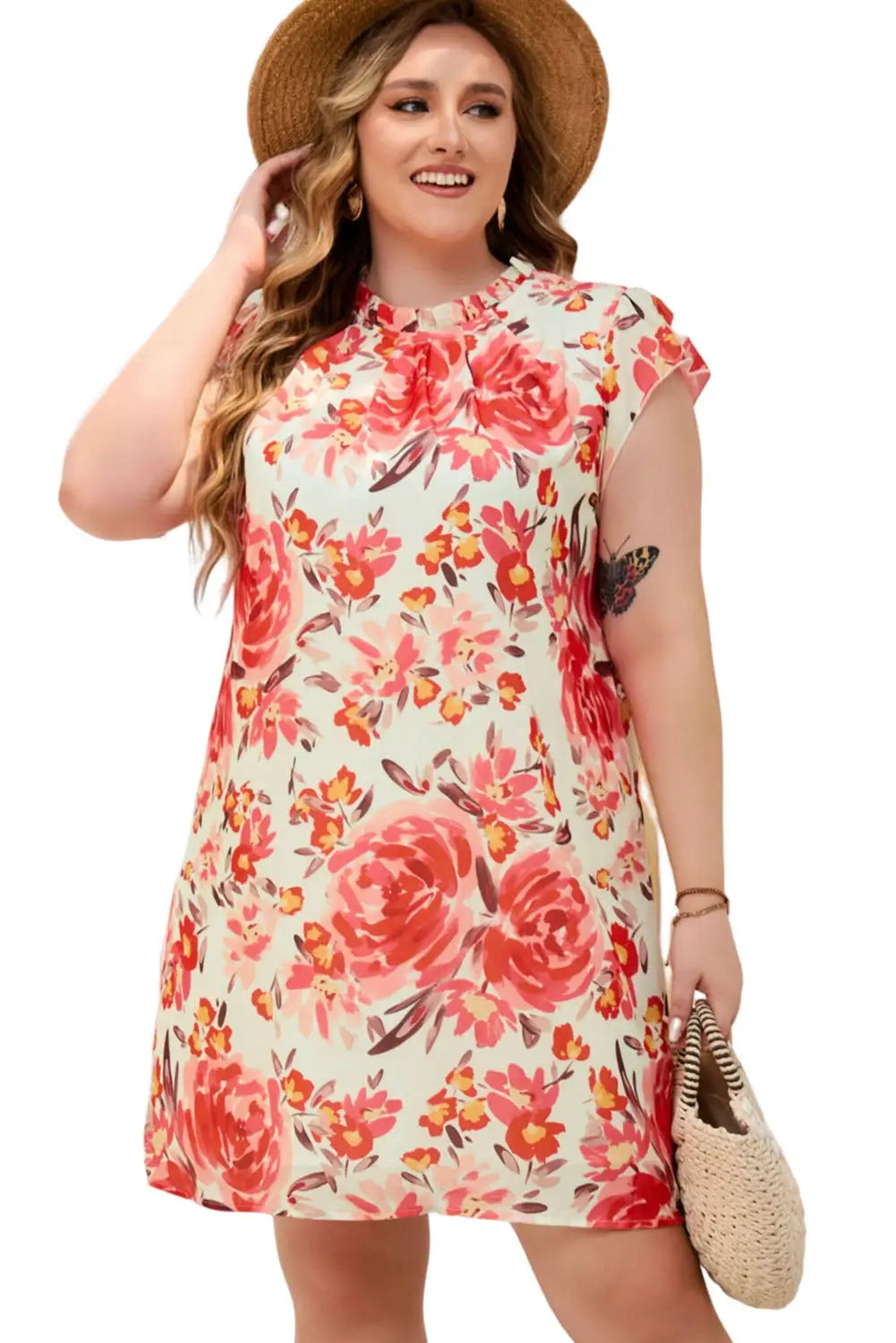 Red plus size frilled neck ruffle sleeveless floral dress