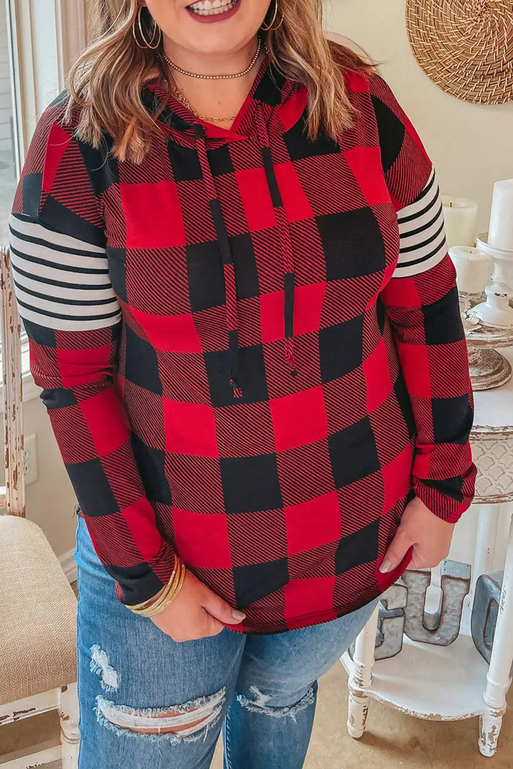 Red plus size plaid striped patch sleeve hoodie - 1x /