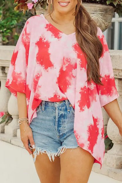 Red plus size tie-dye print 3/4 sleeve tunic top - 1x / 100% polyester