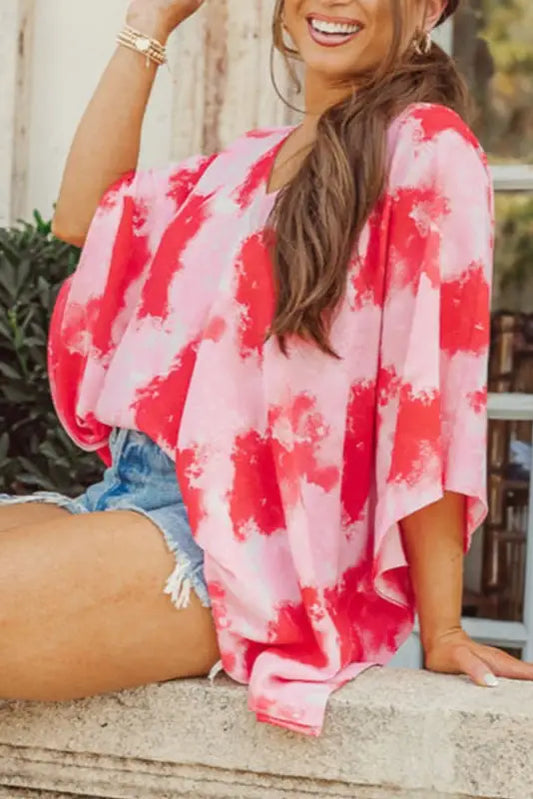 Red plus size tie-dye print 3/4 sleeve tunic top