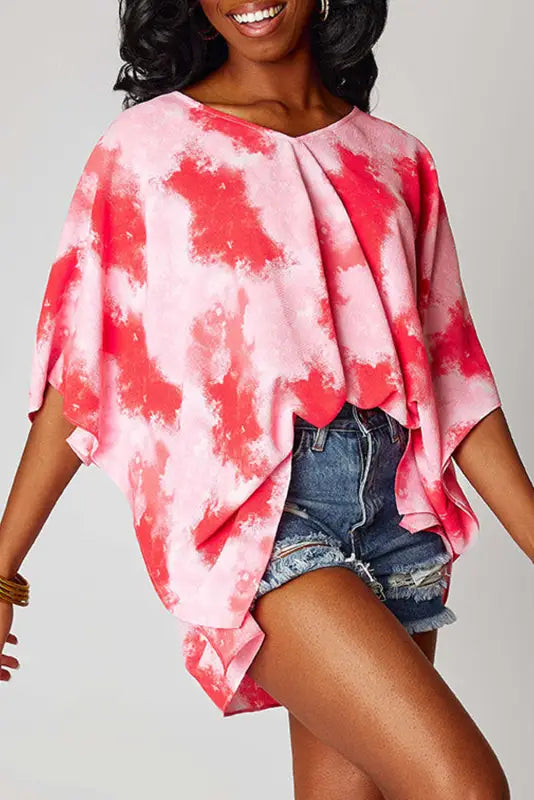 Red plus size tie-dye print 3/4 sleeve tunic top