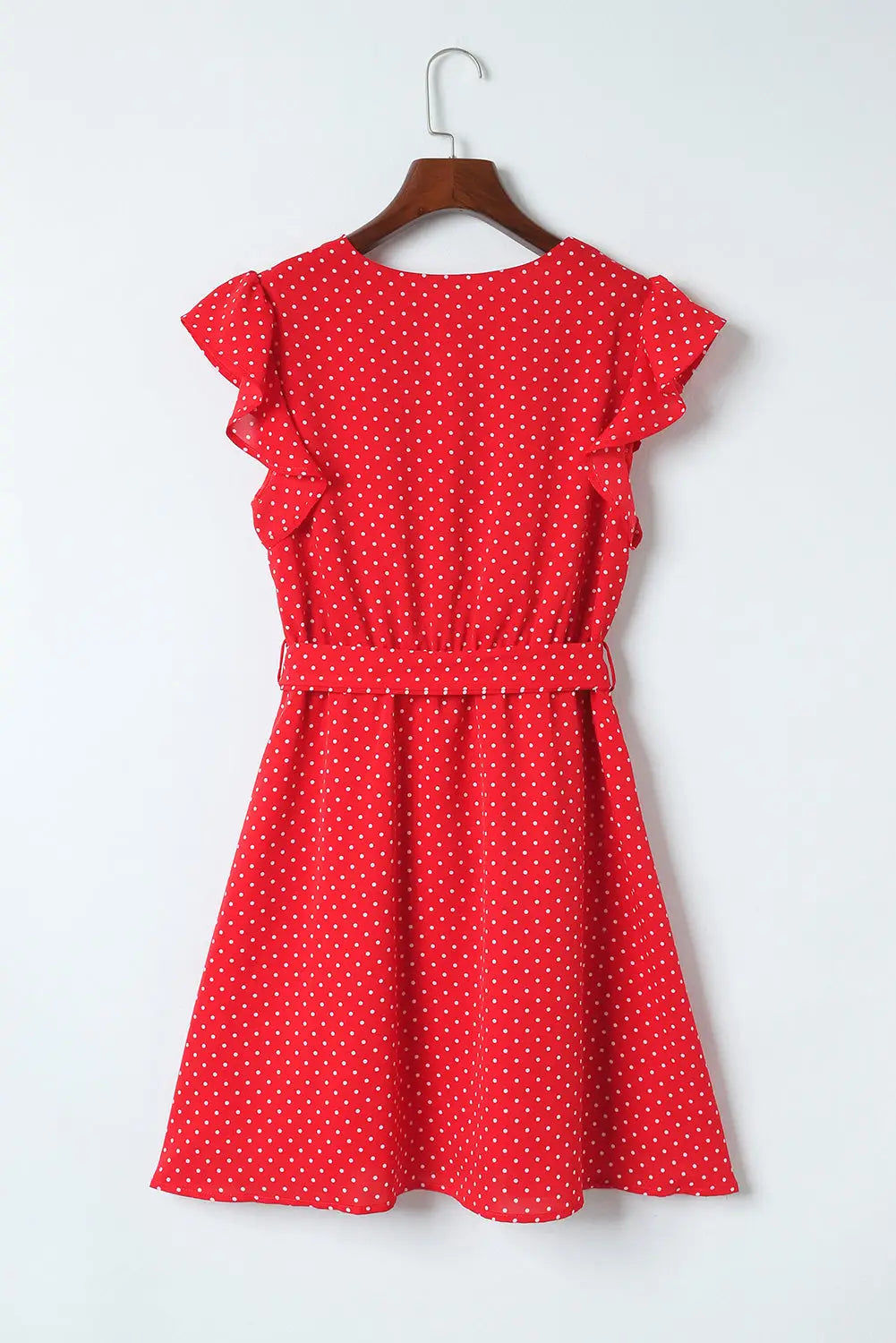 Red polka dot v neck ruffle sleeve dress - mini dresses