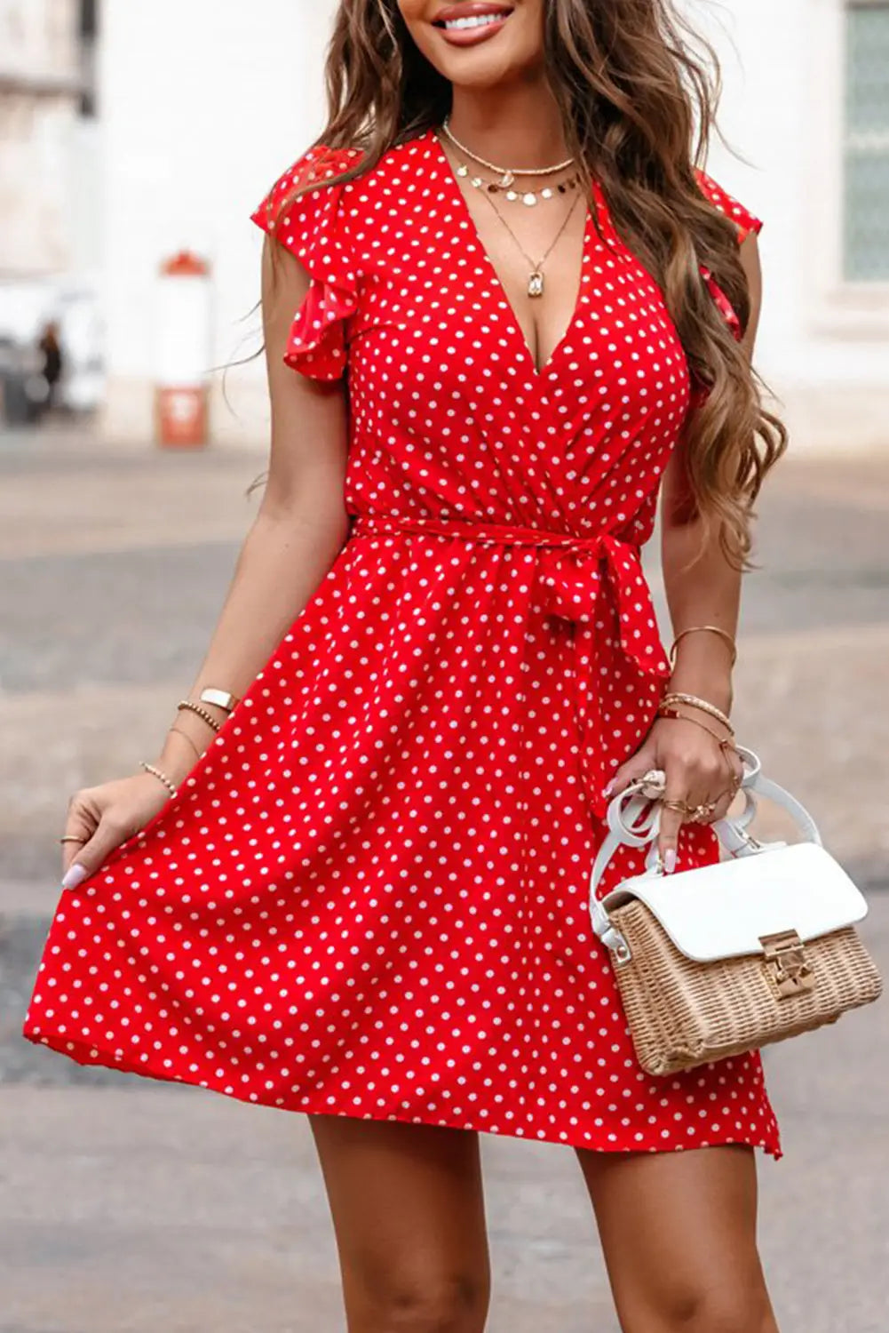Red polka dot v neck ruffle sleeve dress - s / 100% polyester - mini dresses