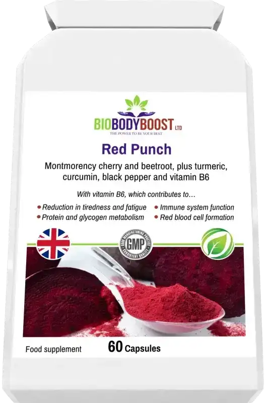 Side profile of Red Punch Beetroot & Cherry Supplement — compact white packaging, BioBodyBoost UK