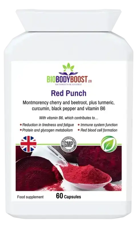Red Punch Beetroot & Cherry Supplement — high-strength beetroot and tart cherry for stamina, circulation and recovery, 90 capsules, BioBodyBoost UK