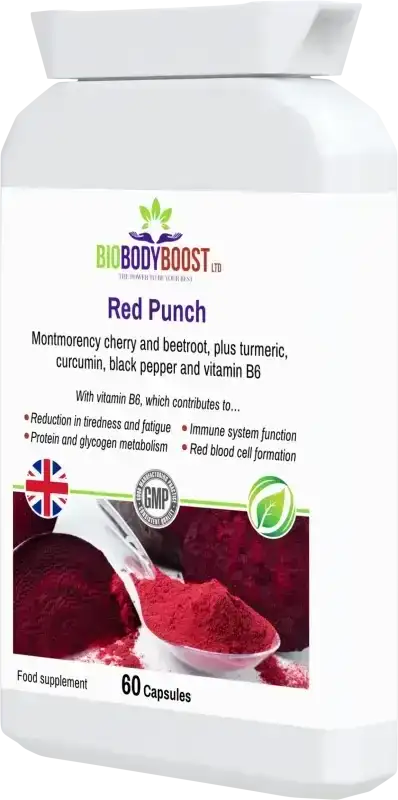 Back label of Red Punch showing beetroot extract, cherry and ingredient complex with dosage guide and vegan certification