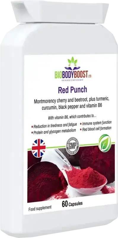 Red Punch angled view — beetroot and cherry energy and cardiovascular support supplement, BioBodyBoost UK