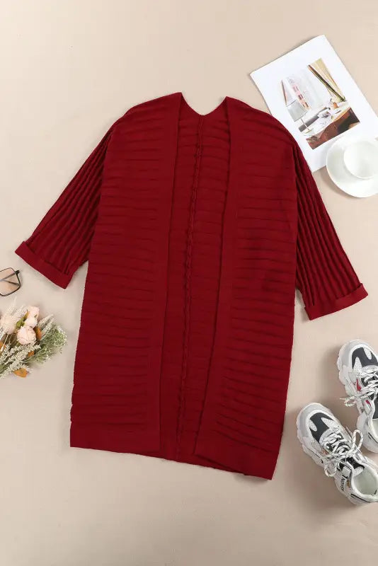 Red ribbed open front knit cardigan - sweaters & cardigans