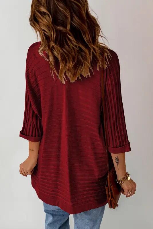 Red ribbed open front knit cardigan - sweaters & cardigans