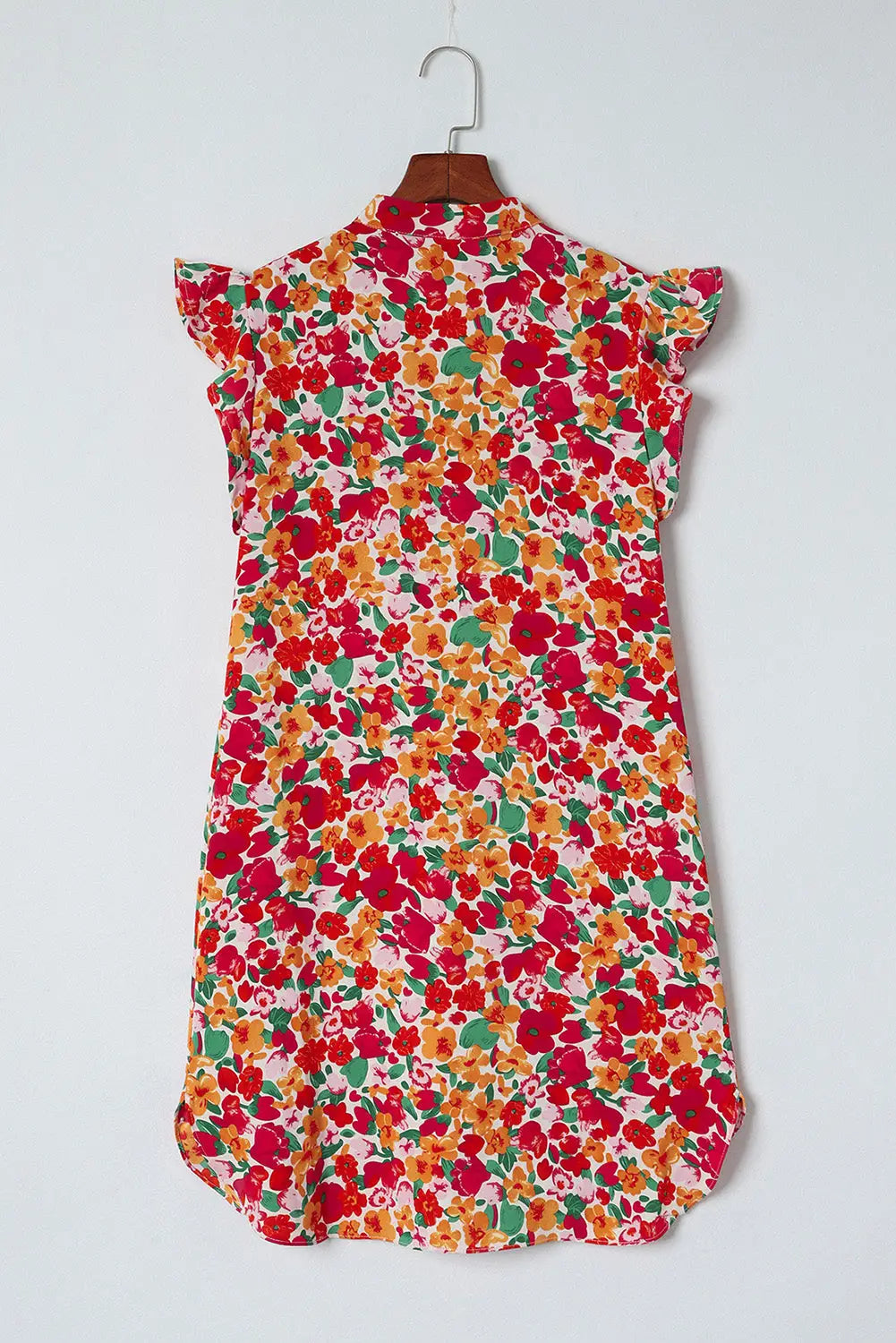 Red ruffle sleeve v-neck floral dress - dresses