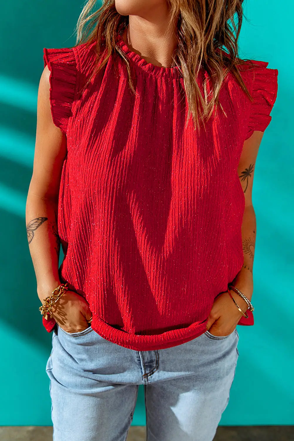 Red ruffled ribbed o-neck sleeveless top - s / 95% polyester + 5% elastane - tank tops