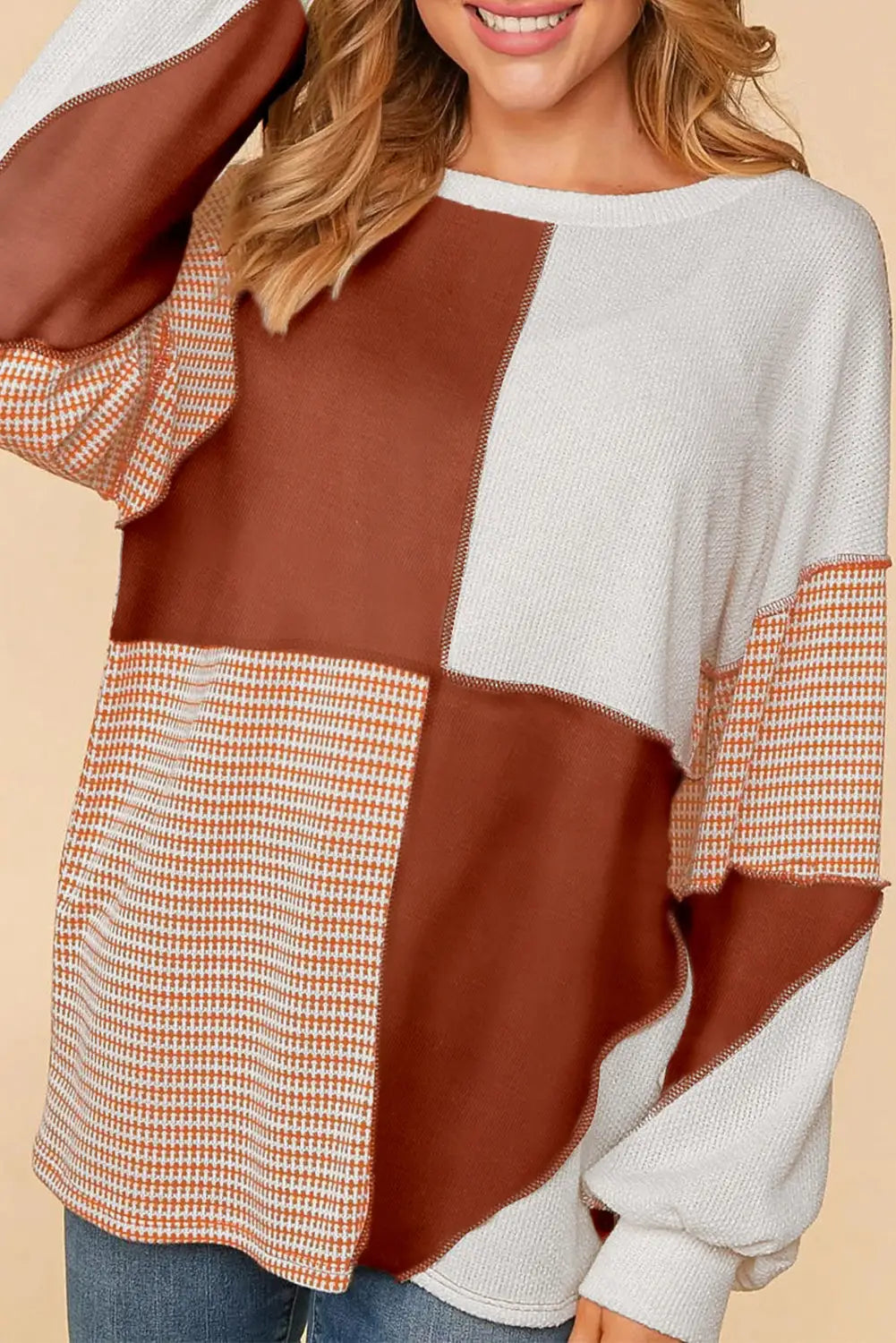 Red sandalwood exposed seam colorblock oversized knit top - l / 85% polyester + 15% elastane - long sleeve tops