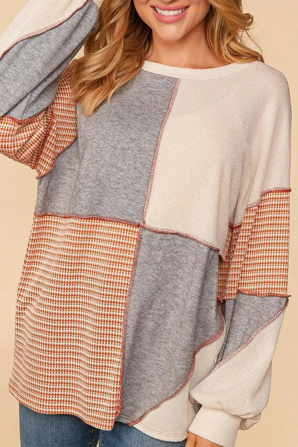 Red sandalwood exposed seam colorblock oversized knit top - multicolor / l / 85% polyester + 15% elastane - long sleeve