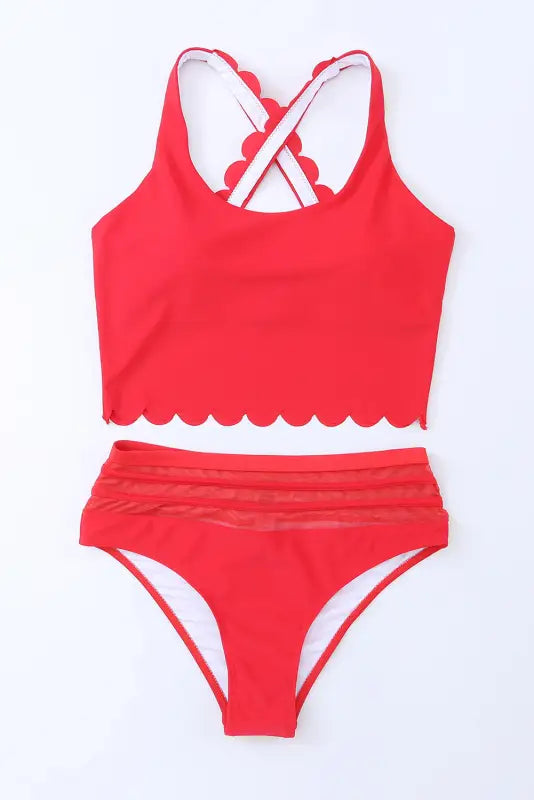 Red scalloped criss cross high waist bikini - swimsuits