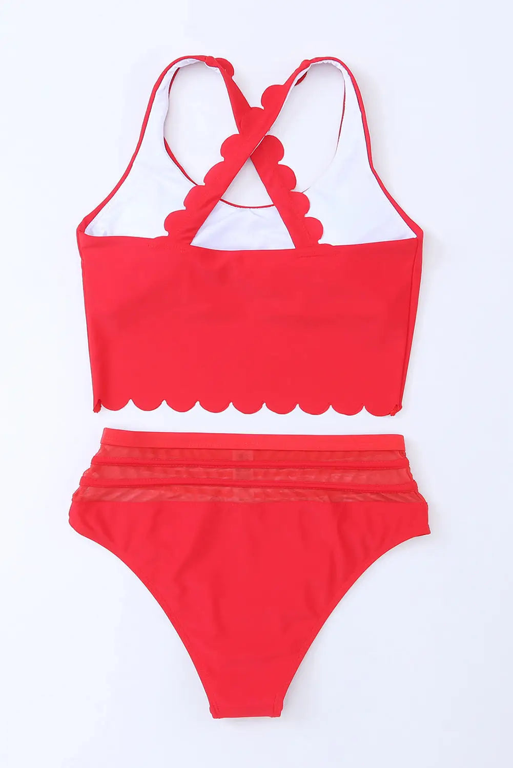 Red scalloped criss cross high waist bikini - swimsuits