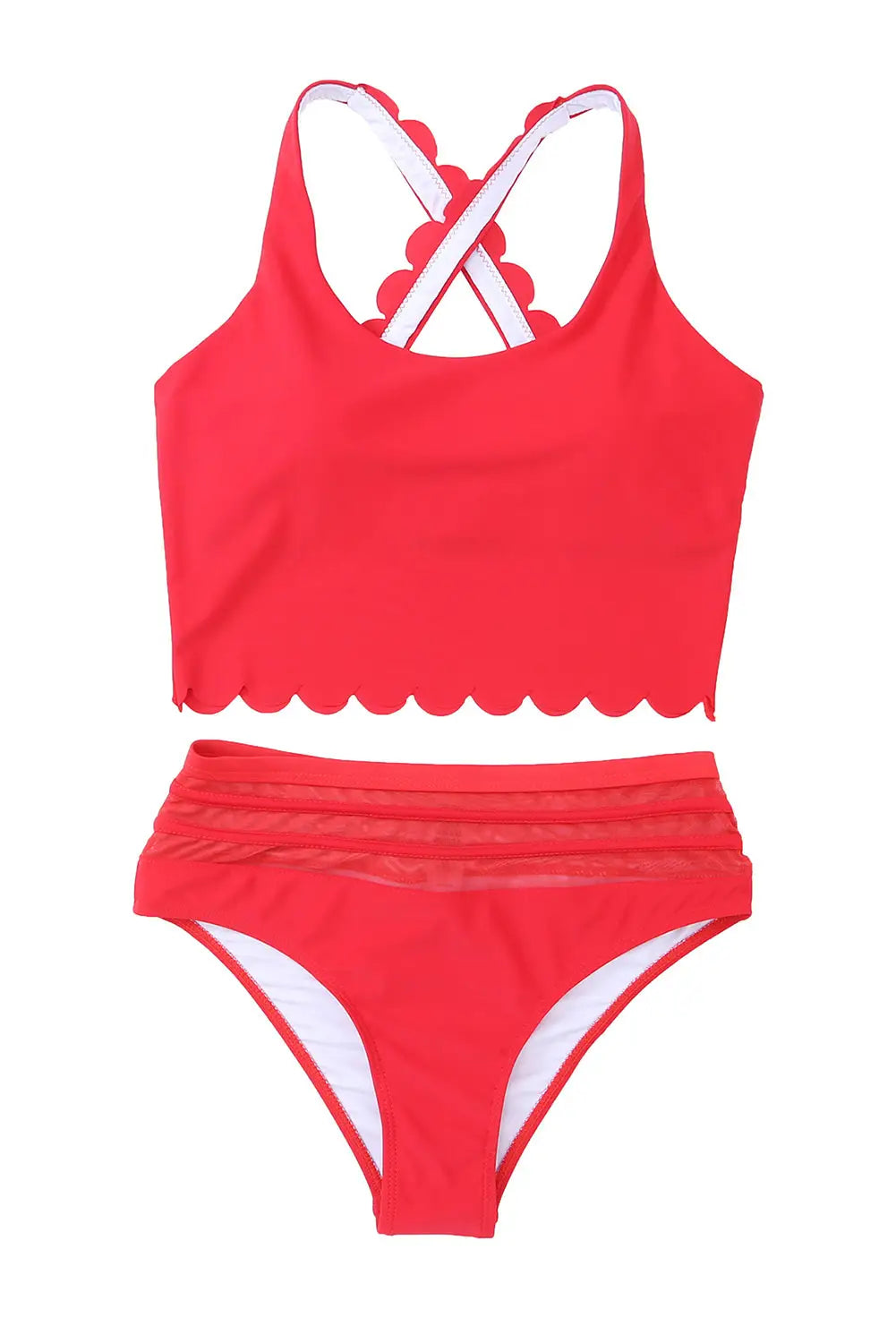 Red scalloped criss cross high waist bikini - swimsuits