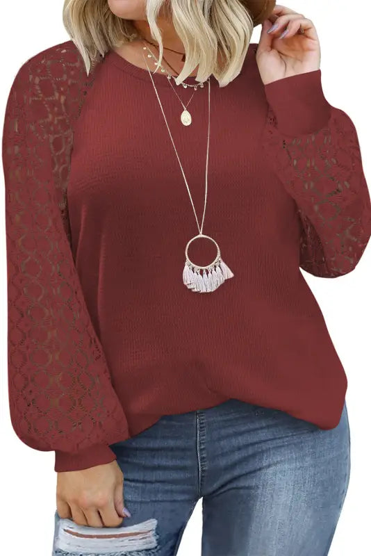 Red sequin mardi gras lace raglan sleeve plus size pullover - graphic