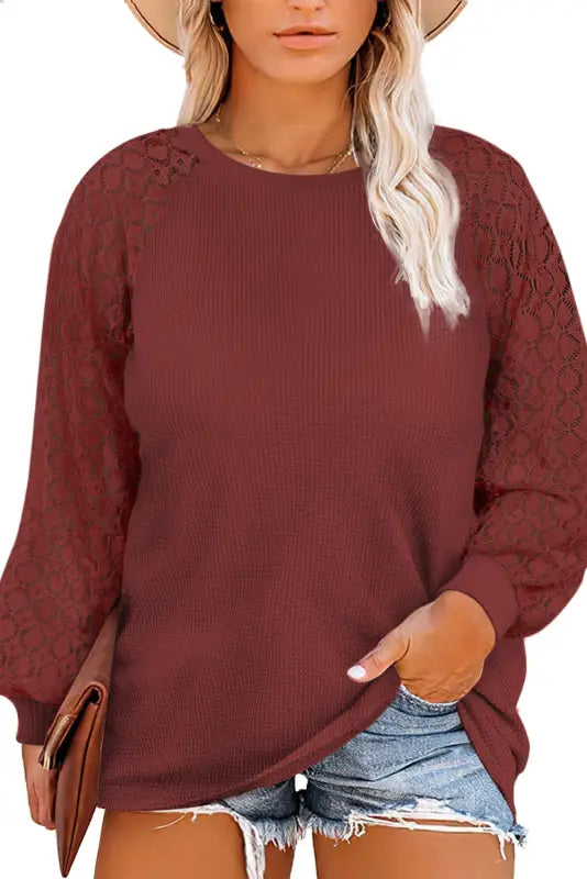 Red sequin mardi gras lace raglan sleeve plus size pullover - graphic